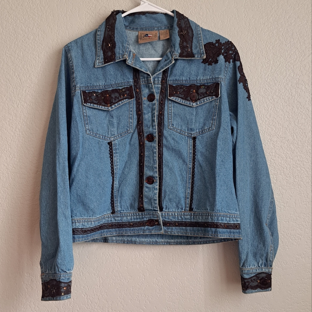 Womans Denim Sequin Lace Embellished Button Front Jean Jacket Size Small